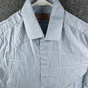 Thomas Pink Long Sleeve Button Up Shirt Men Cotton Blue Check Slim Fit 15.5